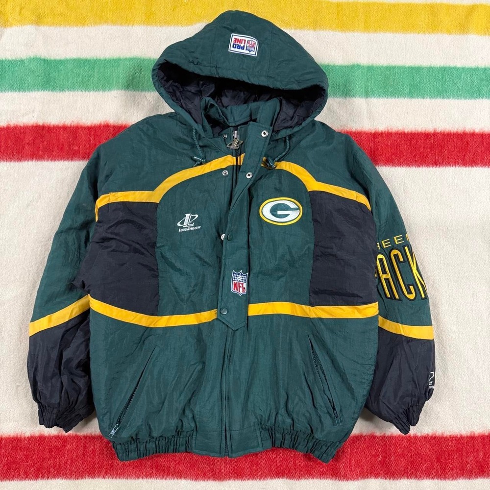 Vintage 90s Green Bay Packers Logo Athletic Puffer Jacket Men Large Green NFL